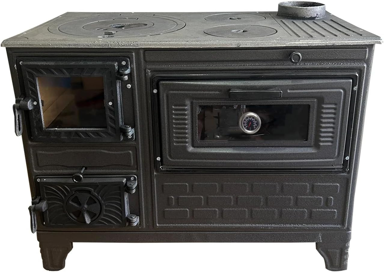 Cast Iron Stove with Oven. Durable Cast Baking Oven. Cooker Oven by Burning Wood. Warming Heater Stove. Oven Section with Thermometer. Brick Lined Fireplace Made in Turkiye (Black-With-Window) - Image 4