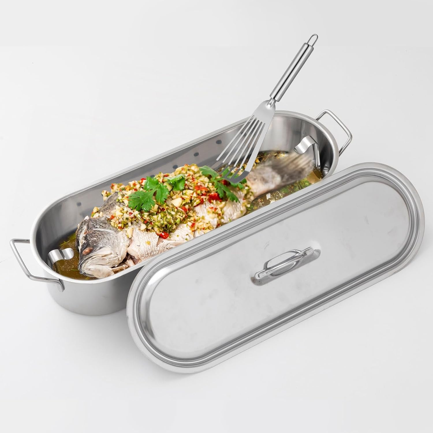 Maxdot Fish Poaching Set – 20 Stainless Steel Poacher Rack & Spatula for Cooking. Flipping & Grilling - Image 5