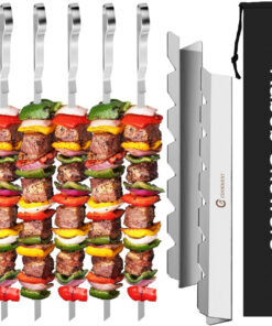 Kabob Skewers Stainless Steel Long BBQ Barbecue Skewers. Flat Metal Kebob Sticks Wide Reusable Grilling Skewers for Meat Chicken.Set of 9 Including 2 Barbeecue Rack with Storage Bag