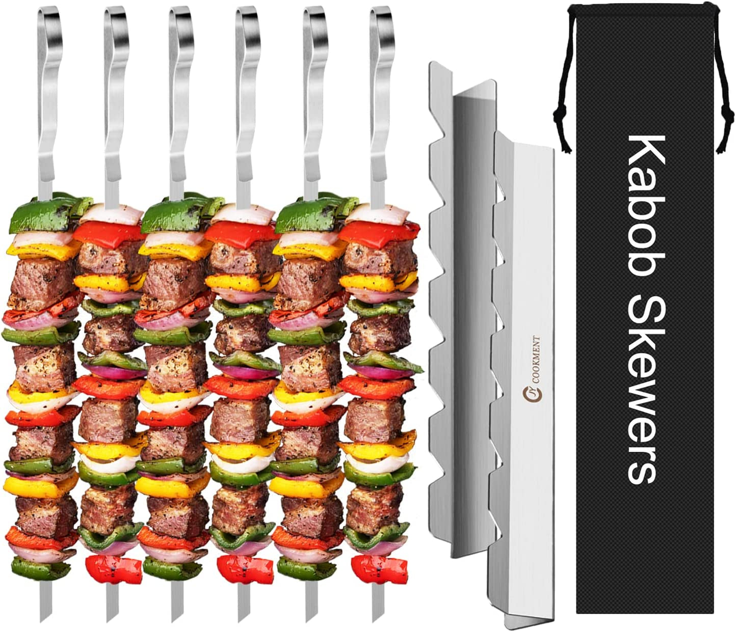 Kabob Skewers Stainless Steel Long BBQ Barbecue Skewers. Flat Metal Kebob Sticks Wide Reusable Grilling Skewers for Meat Chicken.Set of 9 Including 2 Barbeecue Rack with Storage Bag