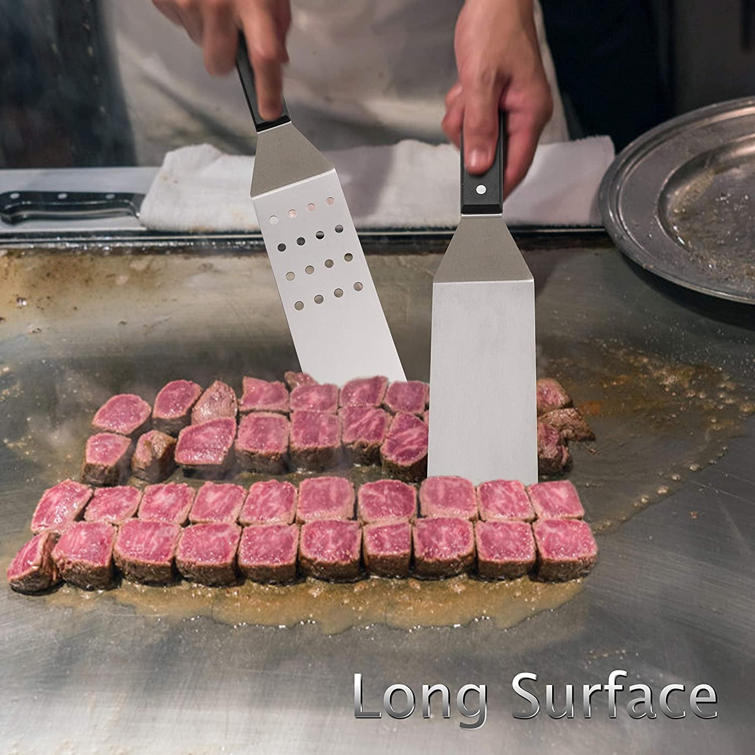 Hasteel Metal Griddle Spatula. Stainless Steel Long Spatula with Riveted Handle. Heavy Duty Perforated & Solid Spatula Burger Turner for Teppanyaki BBQ Flat Top Grilling Cooking. Dishwasher Safe - Image 4