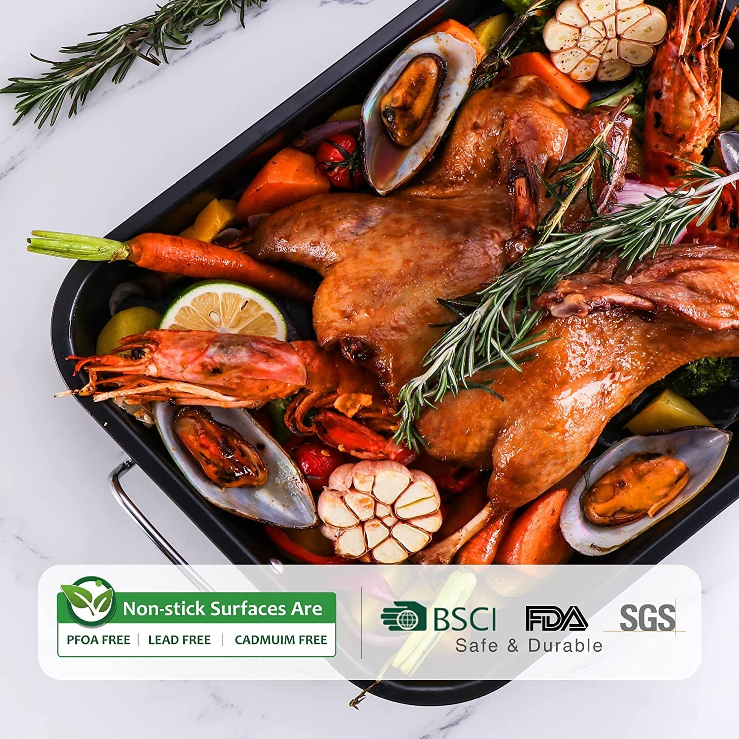 HONGBAKE Small Roasting Pan with Flat Rack. Nonstick Chicken Roaster Tray. Mini Oven Pans for Cooking Lasagna with Stainless Steel Handles. 16 X 11Inch - Image 2