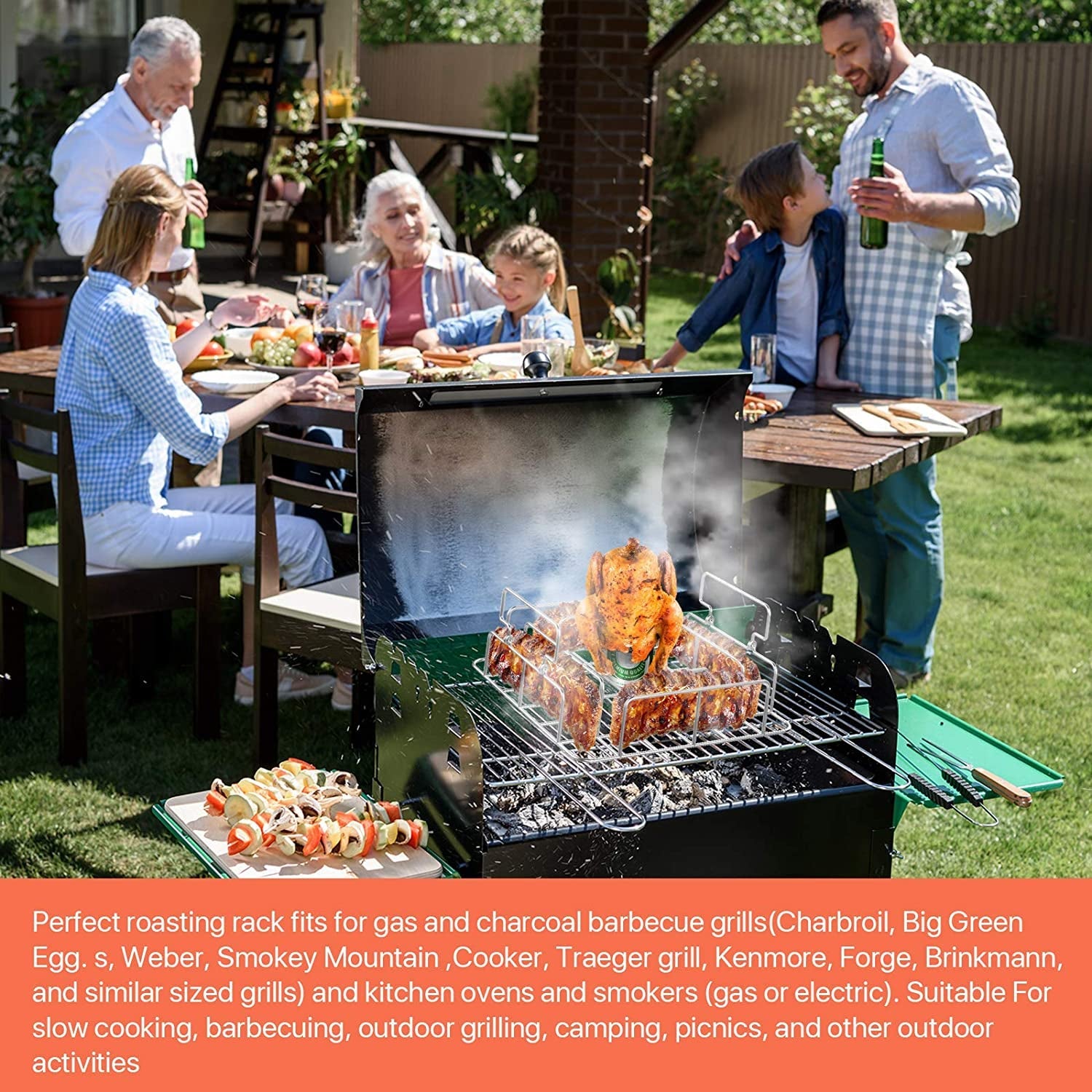 RUSFOL Beercan Chicken Roaster and Rib Rack with a Silicone Oil Brush. Square Stainless Steel BBQ Stand for Smoker.Oven and Grill. Cook up to 4 Ribs and a Whole Chicken at a Time - Image 6