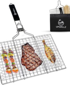 BBQ Fish Grill Basket for Outdoor Grill. Stainless Steel Vegetable Grilling Basket with Detachable and Foldable Handle Includes 50 Bamboo Skewers. Basting Brush. and Carry Bag