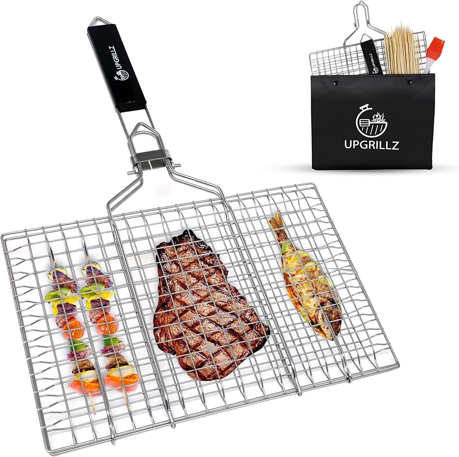 BBQ Fish Grill Basket for Outdoor Grill. Stainless Steel Vegetable Grilling Basket with Detachable and Foldable Handle Includes 50 Bamboo Skewers. Basting Brush. and Carry Bag