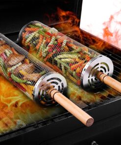 2 PCS Nesting Grill Baskets Rolling Grilling Baskets. Removable Wooden Handle. Stainless Steel Grill Accessories Set. Portable Grill Vegetables. Fish. Shrimp. Meat. Fries for Men Dad Husband