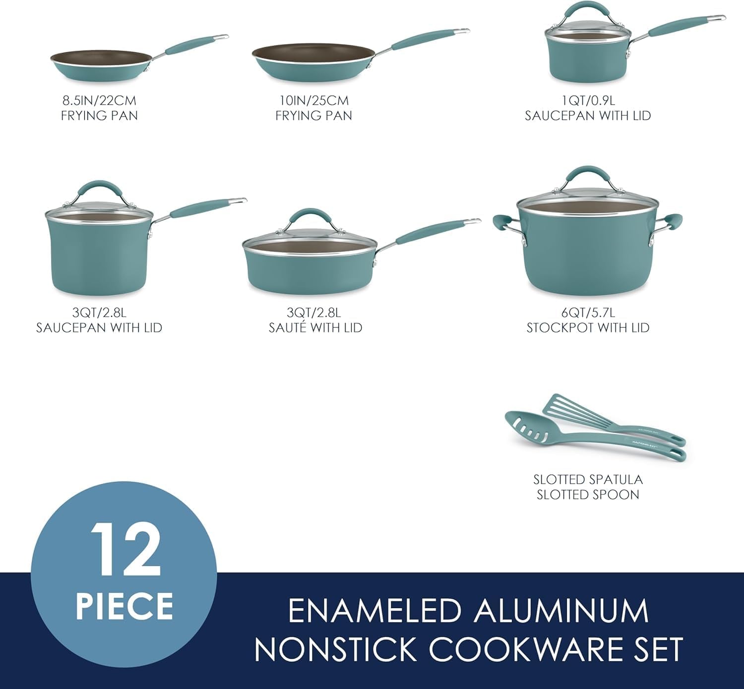 Rachael Ray Cucina Nonstick Cookware Pots and Pans Set. 12 Piece. Agave Blue - Image 2