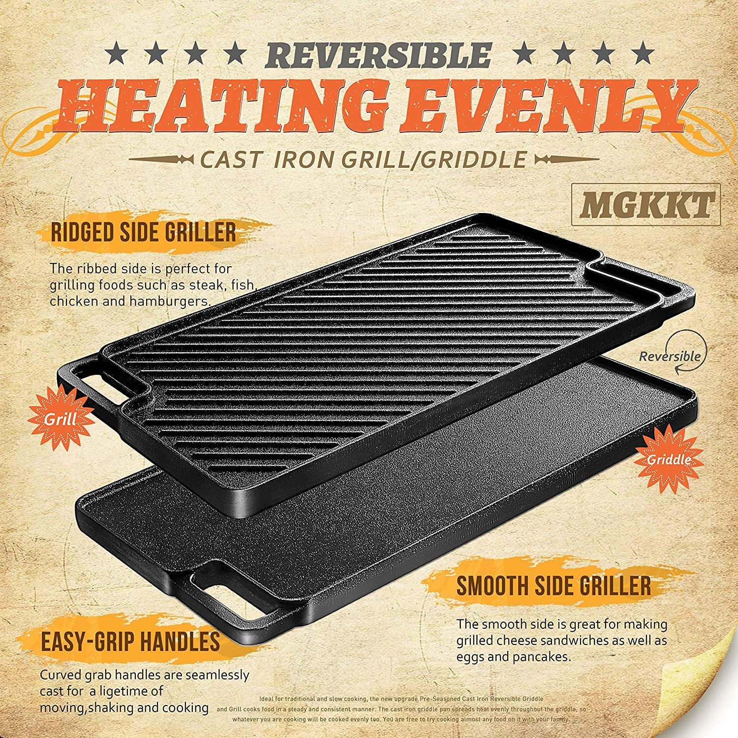 1-Piece 16.50 Inch Cast Iron Griddle Plate | Reversible Pre-Seasoned Cast Iron Grill Pan for Gas Stovetop | Double Sided Used on Open Fire & in Oven | Pre-Coated with Oil - Image 7