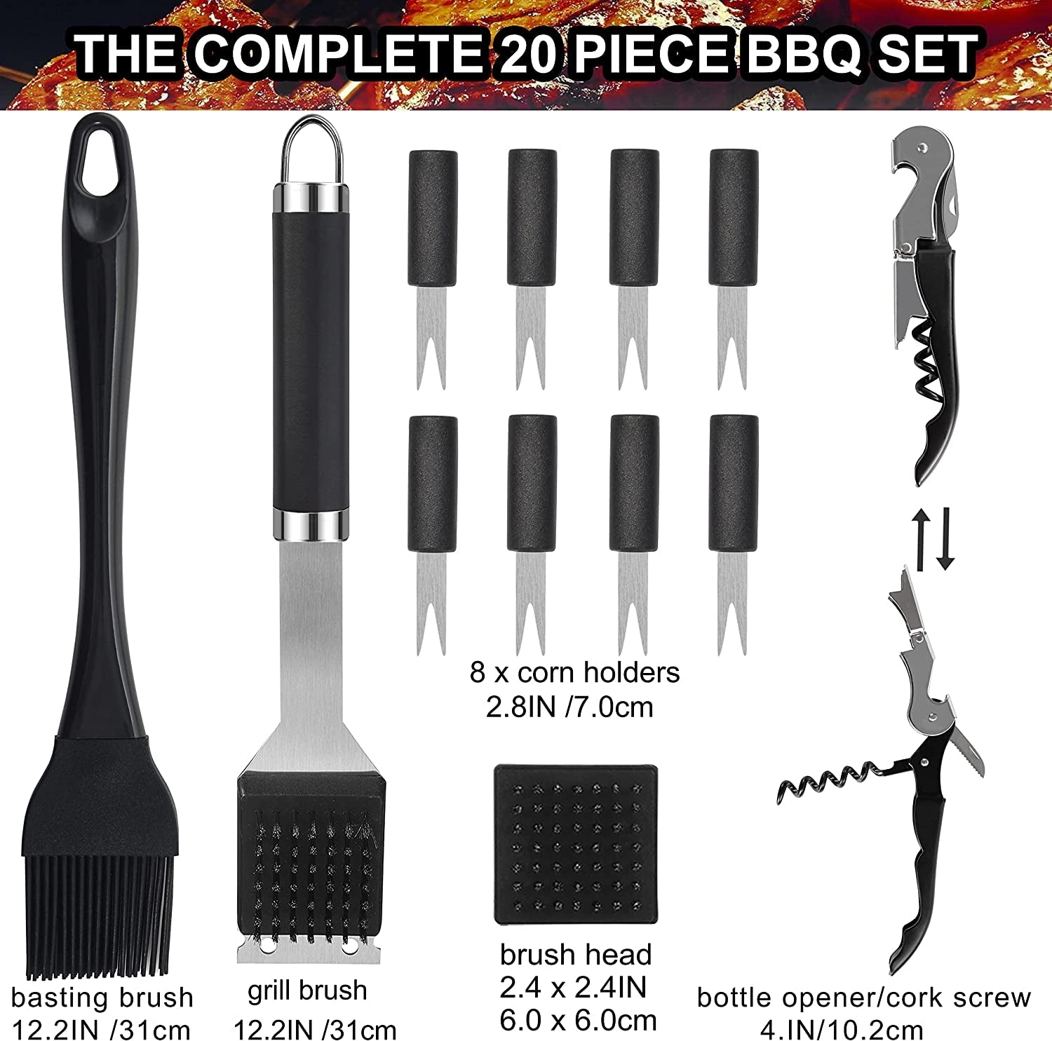 20PCS BBQ Grill Tools Set - Extra Thick Stainless Steel Fork. Spatula. Tongs& Cleaning Brush - Complete Barbecue Grilling Utensils Set in Aluminum Storage Case - Perfect Grill Gifts for Men - Image 3