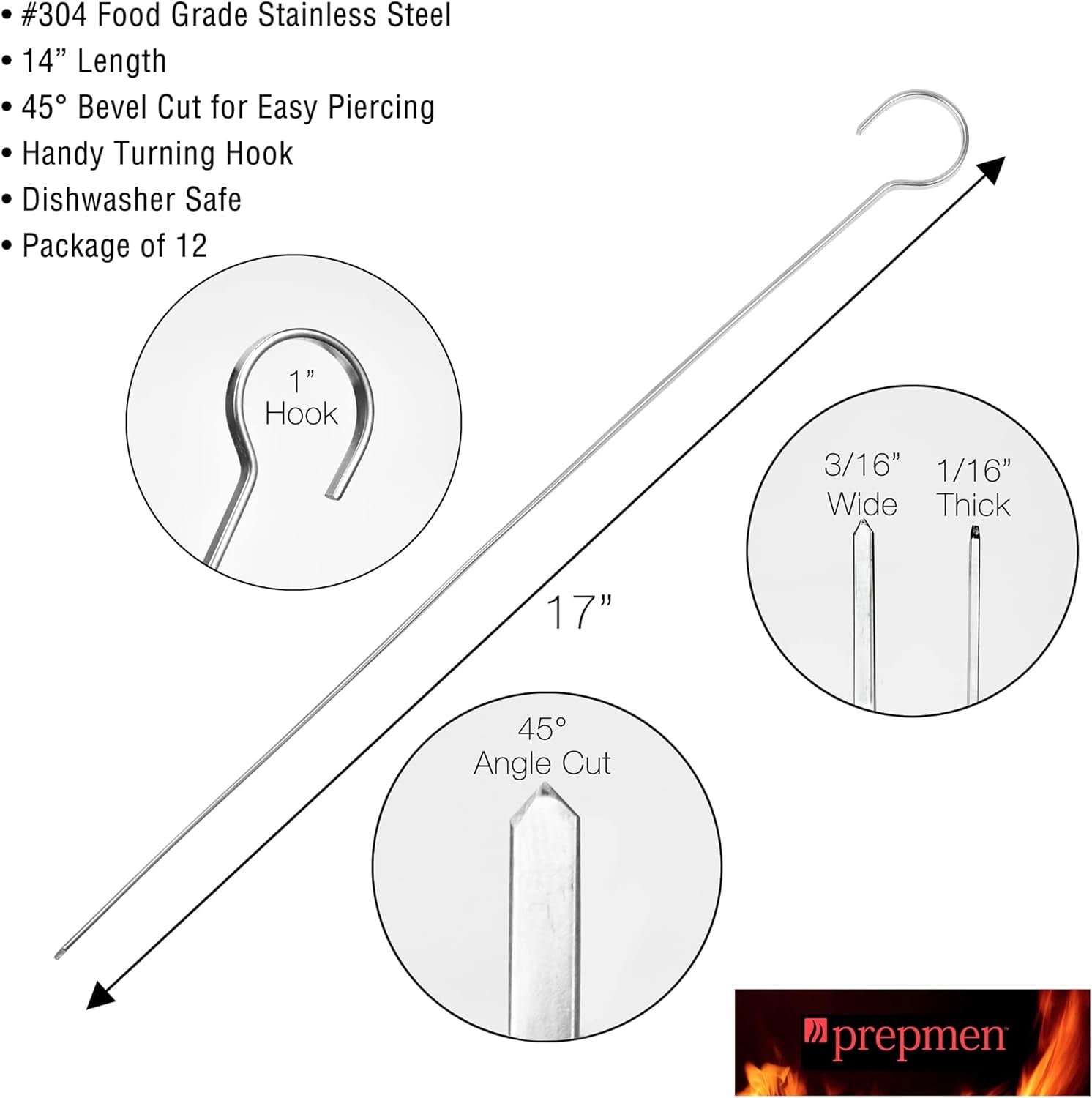 Flat Stainless Steel Kabob Skewers 12 Pack (17 Inch) - Image 2
