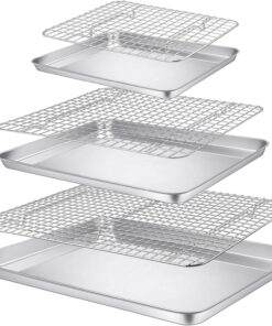 P&P CHEF Baking Sheet and Rack Set. 6 PACK (3 Sheets + 3 Racks). 3 Sizes Stainless Steel Baking Pans Cookie Sheets with Cooling Racks for Cooking & Roasting. Oven & Dishwasher Safe. Healthy & Durable