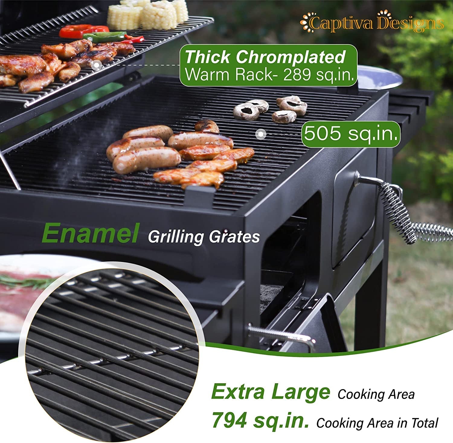 Captiva Designs Extra Large Charcoal BBQ Grill with Oversize Cooking Area(794 Sq.In.). Outdoor Cooking Grill with 2 Individual Lifting Charcoal Trays and 2 Foldable Side Tables - Image 2