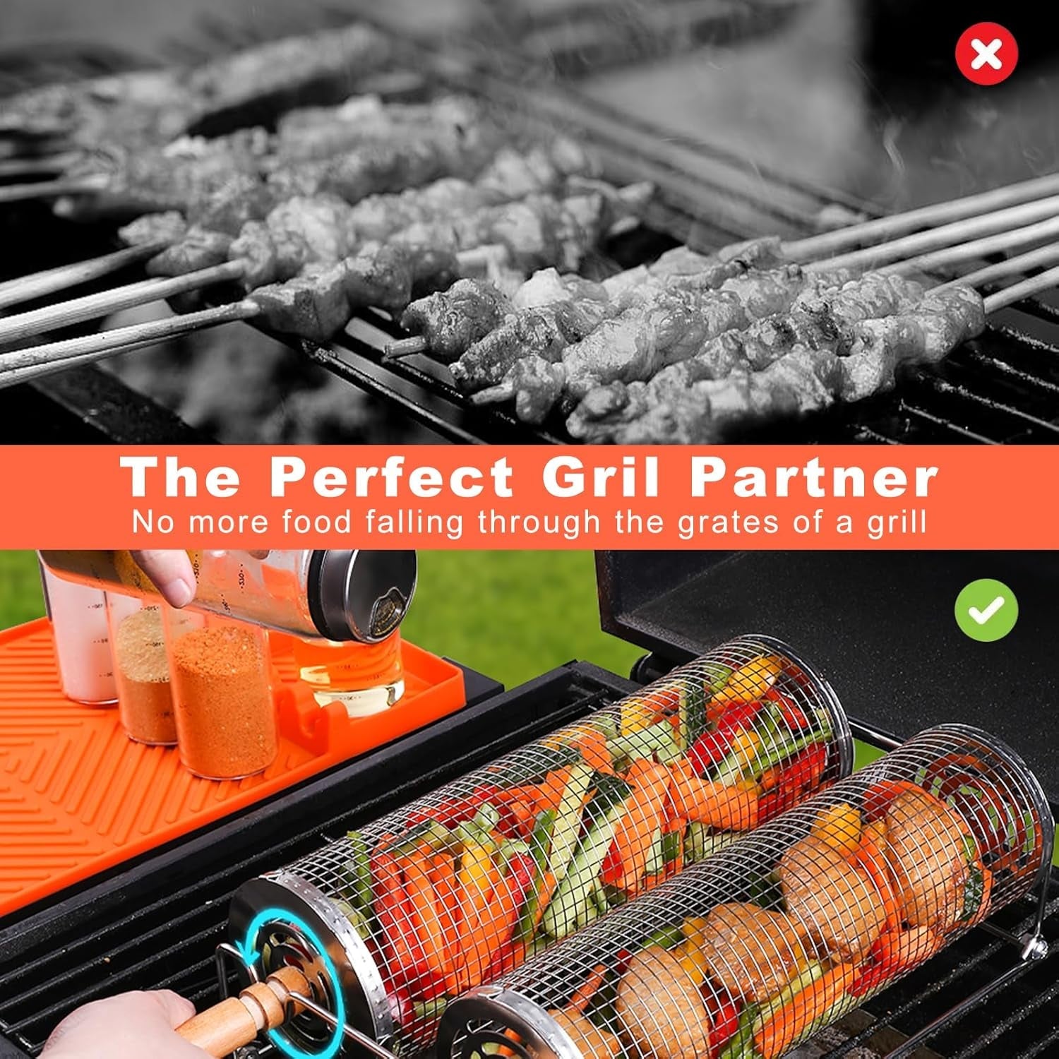 2 PCS Nesting Grill Baskets Rolling Grilling Baskets. Removable Wooden Handle. Stainless Steel Grill Accessories Set. Portable Grill Vegetables. Fish. Shrimp. Meat. Fries for Men Dad Husband - Image 4