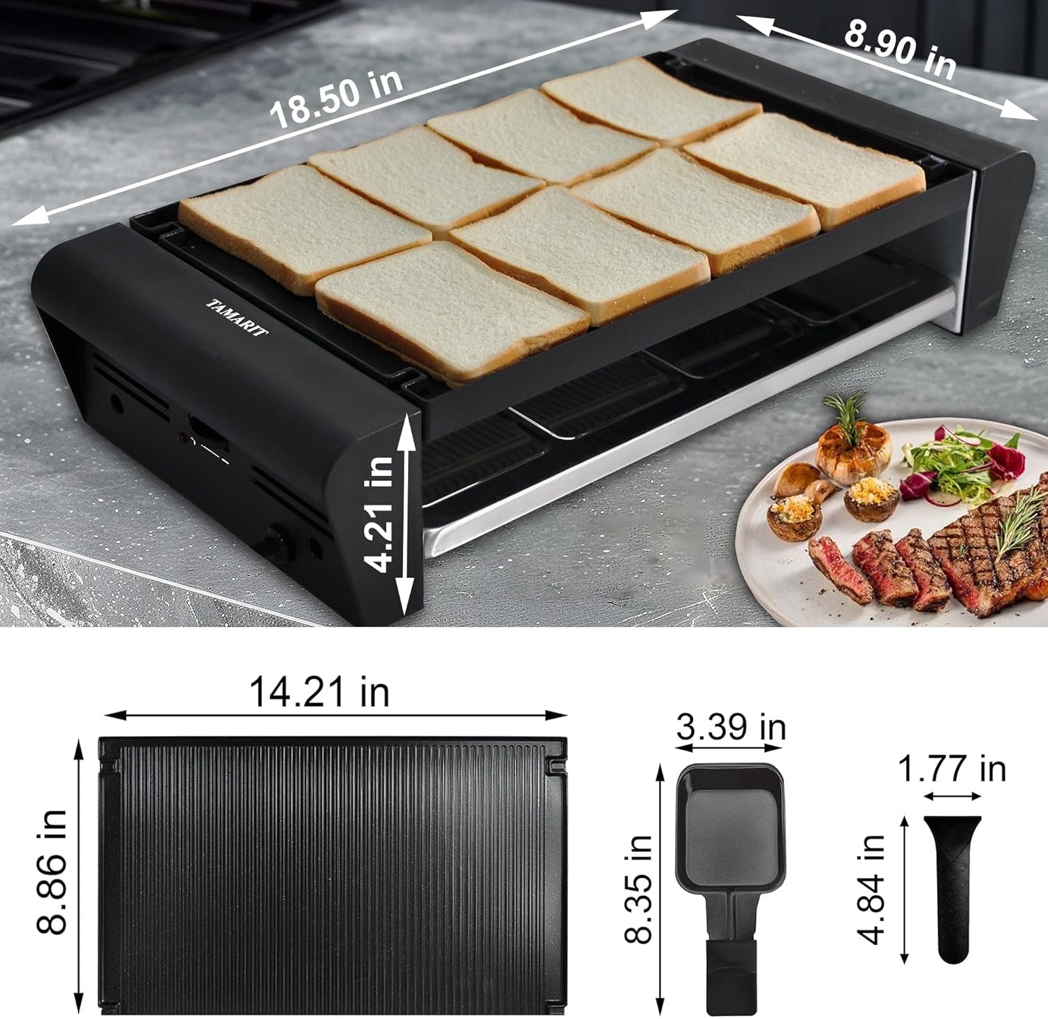 TAMARIT Raclette Table Grill for 8. 2 in 1 Raclette Grill Small Swiss Style Raclette Pfas-No Nonstick Reversible Grill/Griddle Plate Adjustable Temperature Control 1300 W. 8 Raclette Cheese Pans Black - Image 2