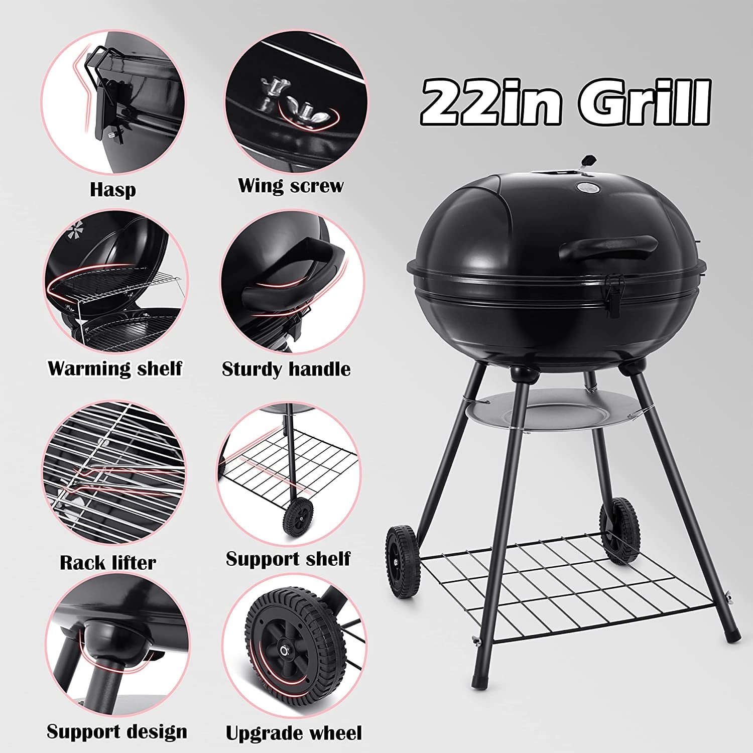 22-Inch Charcoal Kettle Grill Set of 12. Hasteel 2 Layer Grilling Racks Outdoor BBQ Grill. Heavy Duty Large Enameled Grills with Grilling Accessories for Camping Backyard Picnic. Barbecue Spatula - Image 5
