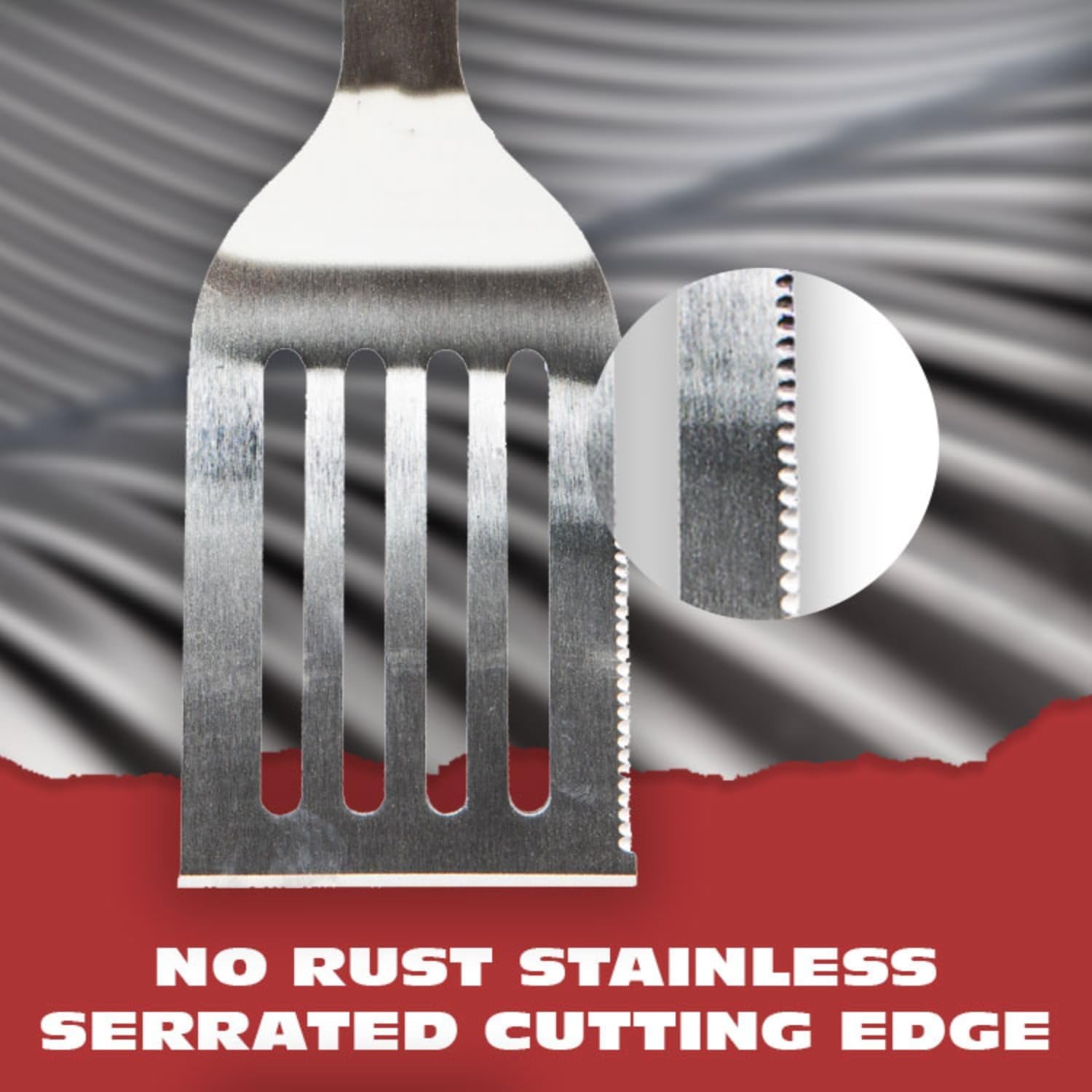 BBQ-AID Pro BBQ Metal Spatula - 17 Barbecue Spatula Stainless Steel with Serrated Knife Edge -Solid & Sturdy Turner Spatula- Acacia Wood Handle- Heavy Duty Built to Last Kitchen Spatula - Image 5