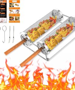 Grill Baskets for Outdoor Grill. Rolling Grill Basket with Removable Wooden Handle & Stand. Stainless Steel Grilling Accessories for Fish. Shrimp. Meat. Vegetables. Fries. Grilling Gifts for Men