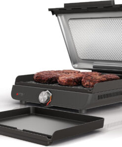 GR101 Sizzle Smokeless Indoor Grill & Griddle. 14'' Interchangeable Nonstick Grill and Griddle Plates. Dishwasher-Safe Removable Mesh Lid. 500F Max Heat. Even Edge-To-Edge Cooking. Grey/Silver