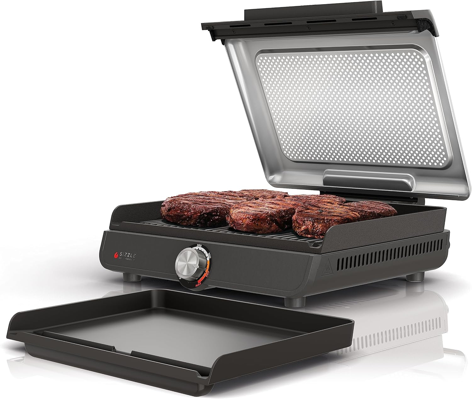 GR101 Sizzle Smokeless Indoor Grill & Griddle. 14'' Interchangeable Nonstick Grill and Griddle Plates. Dishwasher-Safe Removable Mesh Lid. 500F Max Heat. Even Edge-To-Edge Cooking. Grey/Silver