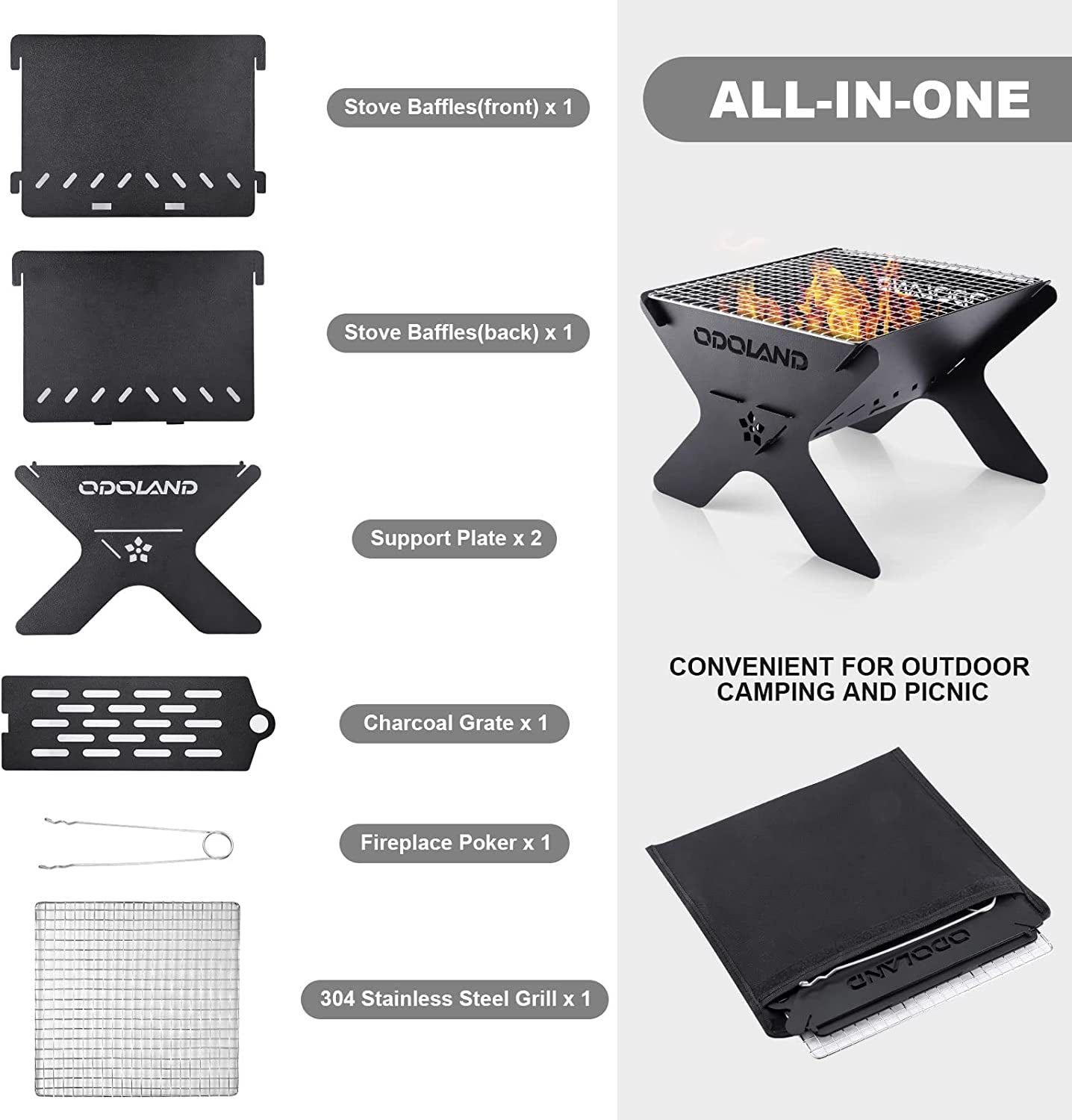 Odoland Camping Campfire Grill. Portable Folding Charcoal Grills. Backpacking BBQ Grill. Heavy Duty Firepit Grill with Carry Bag for Outdoor Cooking. Bonfire. Patio. Backyard - Image 2