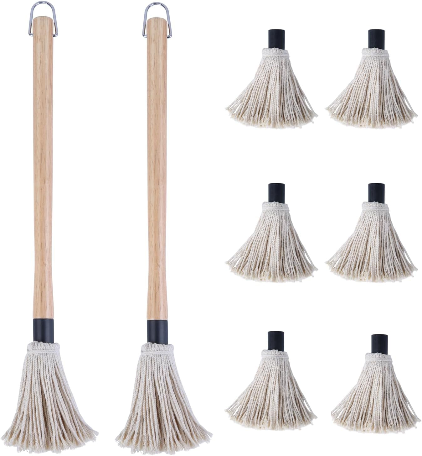 Donxote 18 Inch BBQ Mop Brush Set of 2. with 6 Extra Replacement Heads. Wooden Long Handle Cotton Head Mopping Basting Grill Sauce Perfect for Grilling Smoking Steak Marinade or Glazing