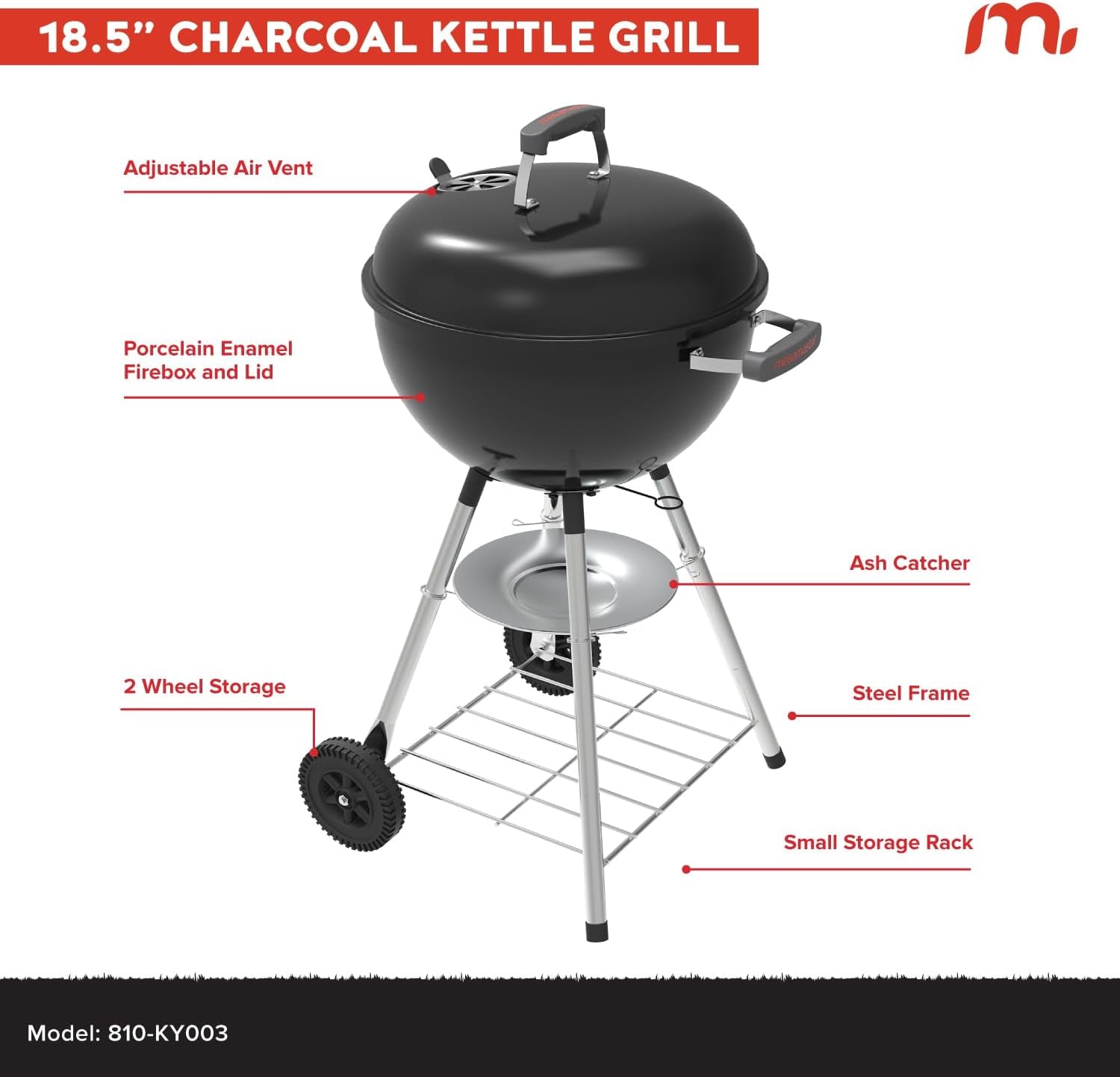 Premium Charcoal Grill. 18 Heavy Duty Charcoal Kettle Grill. Outdoor Cooking. Camping Patio. Backyard. Tailgating. Black - Image 3