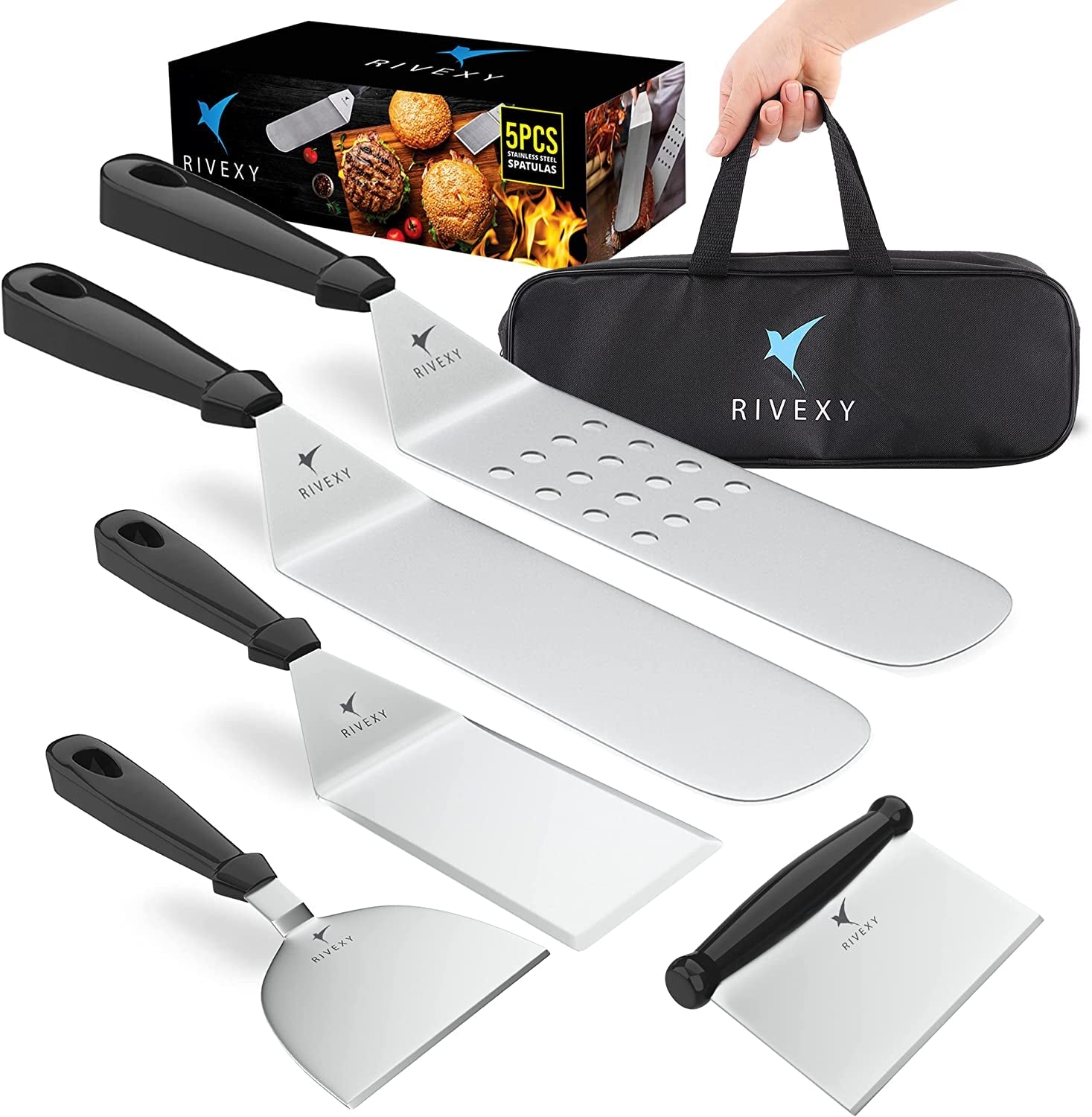 Rivexy 5 Pcs Grill Spatula for Outdoor Grill Premium Quality Metal Spatula for Cast Iron Skillet Durable Flat Top Grill Accessories Great for Outdoor BBQ Teppanyaki and Camping