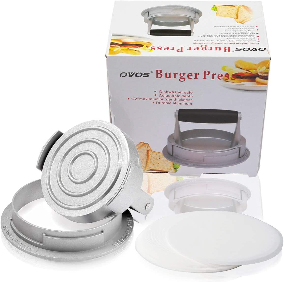 OVOS Burger Press Adjustable Thickness 3 in 1 Hamburger Patty Maker Aluminum Non Stick Patty Making Mold with 100 Wax Papers for Burgers and Meat Patties - Image 7