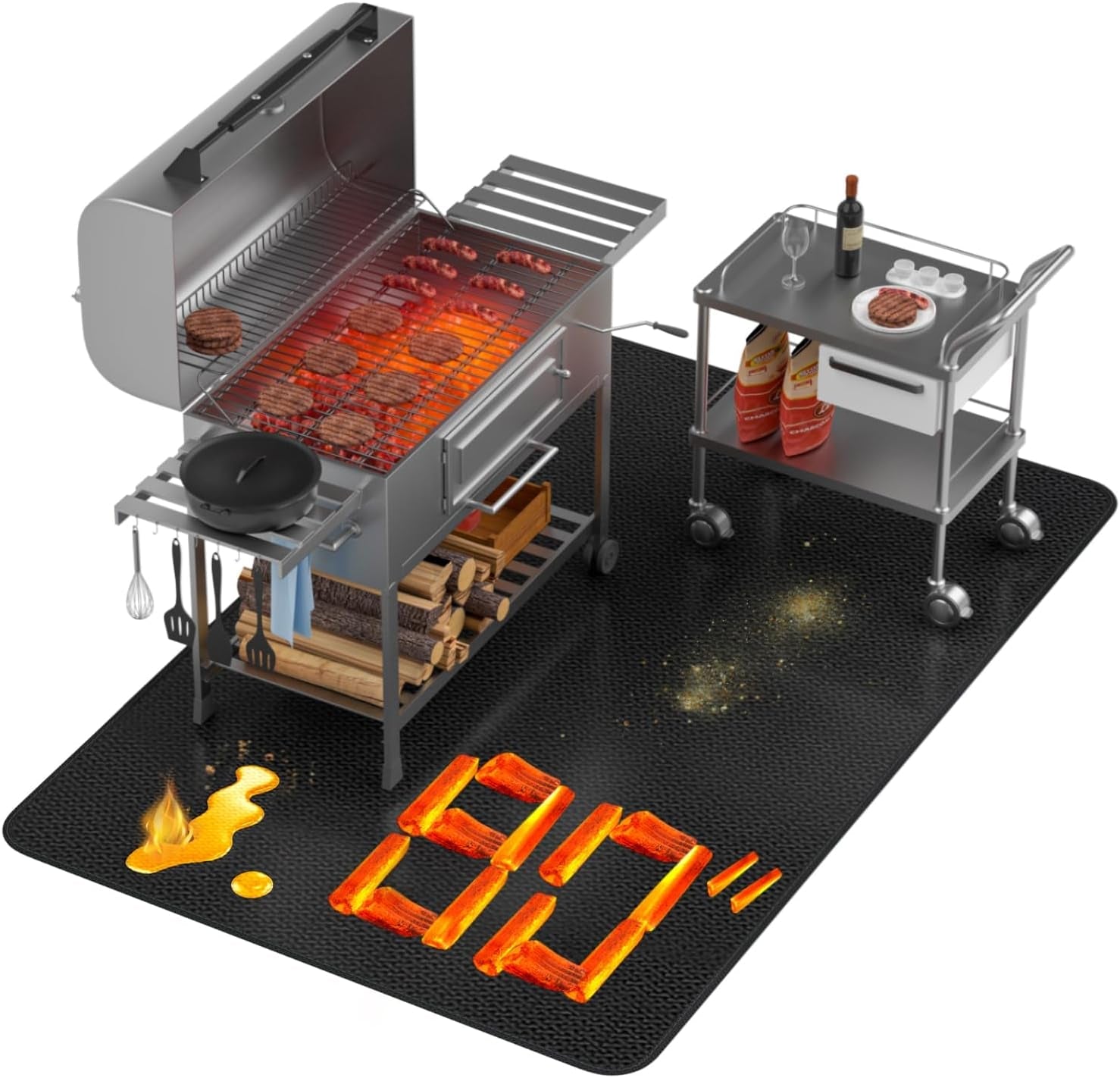 Extra Large 80X48 Inch Grill Mat for Outdoor under BBQ. Griddle. Charcoal. Flat Top. Smoker. Stove. Wood Deck & Patio Protective Mat. Indoor Fireplace Mats. Front Back Sides Fireproof Waterproof Pad