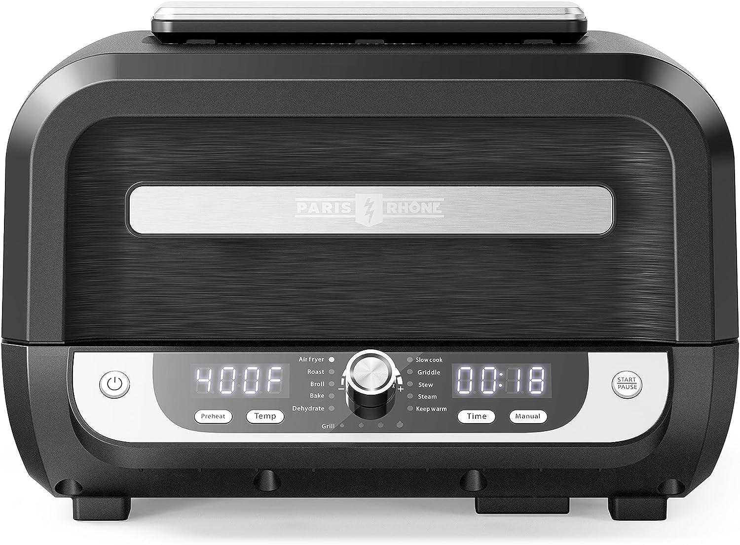 Smokeless Indoor Grill with Air Fryer. Electric Air Fryer Grill Combo. 12-In-1 for Grill. Griddle. Slow Cook. Broil. Bake. Crisp. Roast. Dehydrate. Dual Heating Elements. Easy Knob Control