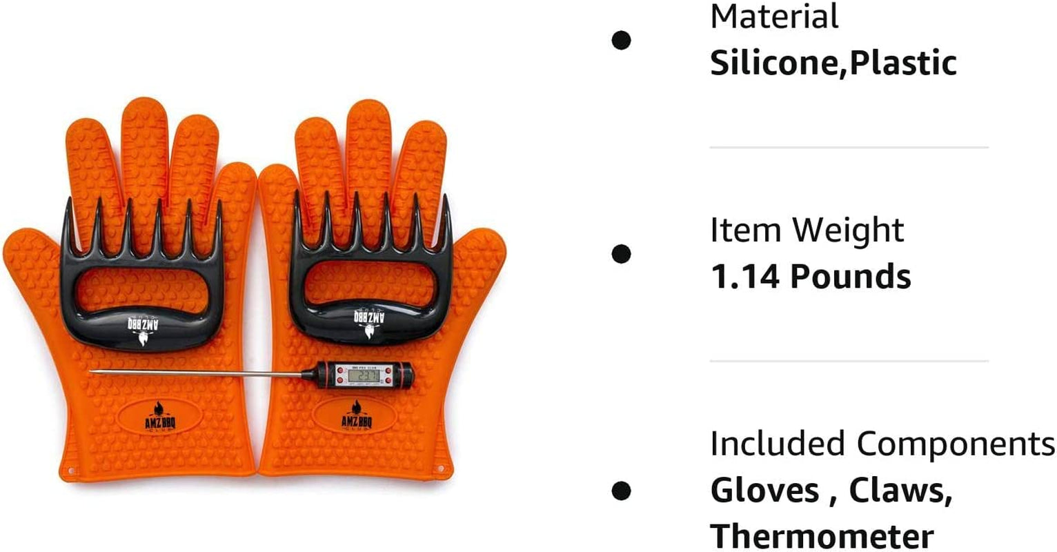 - Meat Claws Bbq Grill Accessories Set - 2 Silicone Gloves. Claws for Pulled Pork. BBQ Thermometer - Perfect Smoker Accessories Grilling Tools Gift Set for (Orange Glove-Thermometer-Claw) - Image 9