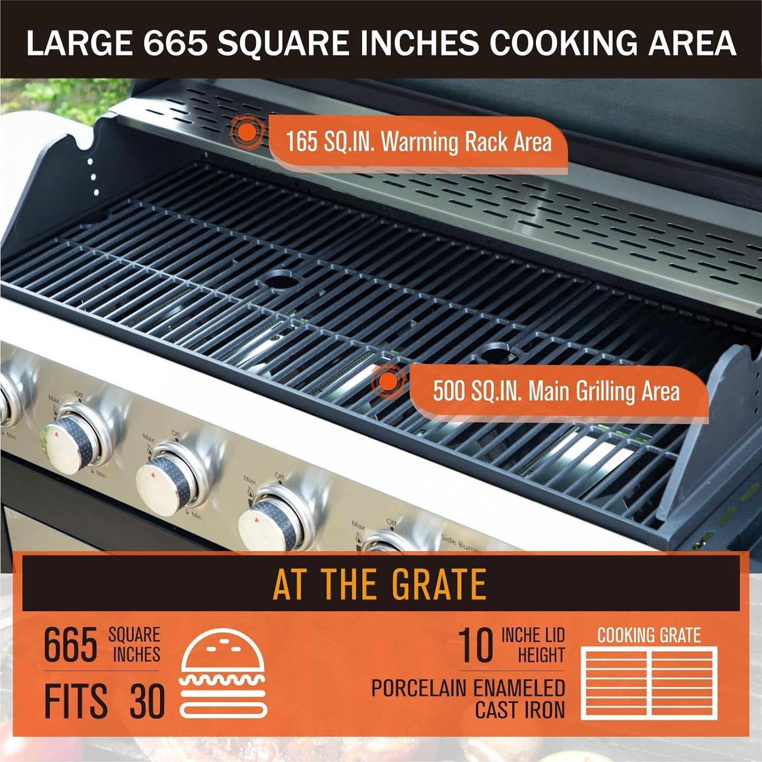 Sophia & William 6-Burner Propane Gas BBQ Grill with Side Burner & Porcelain-Enameled Cast Iron Grates. Stainless Steel Barbecue Grills Outdoor Cooking for Outside. 665 SQ.IN. Cooking Area. 65.800BTU - Image 2