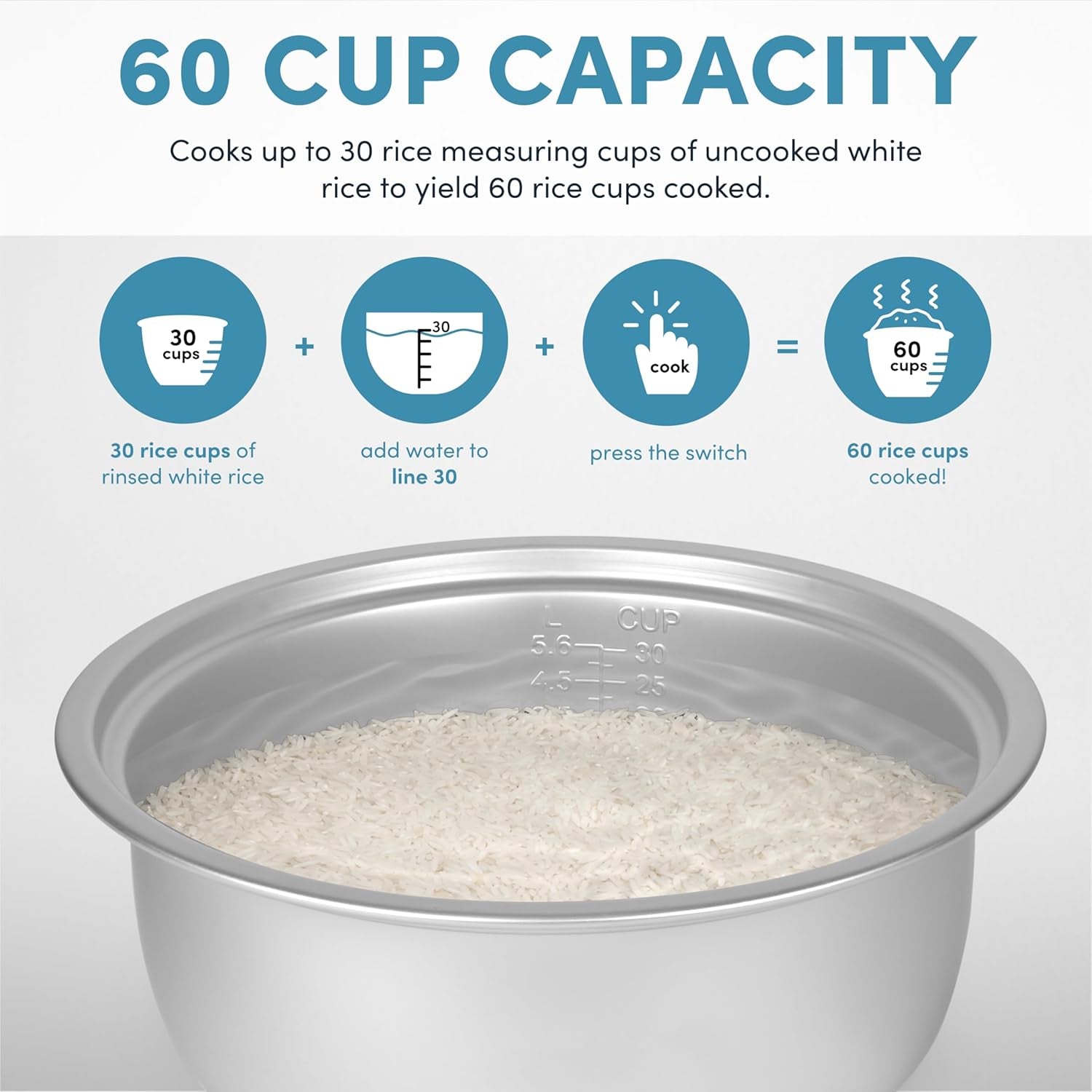 Aroma Housewares Commercial 60-Cup (Cooked) / 14Qt. Rice & Grain Cooker (ARC-1430E). White - Image 5