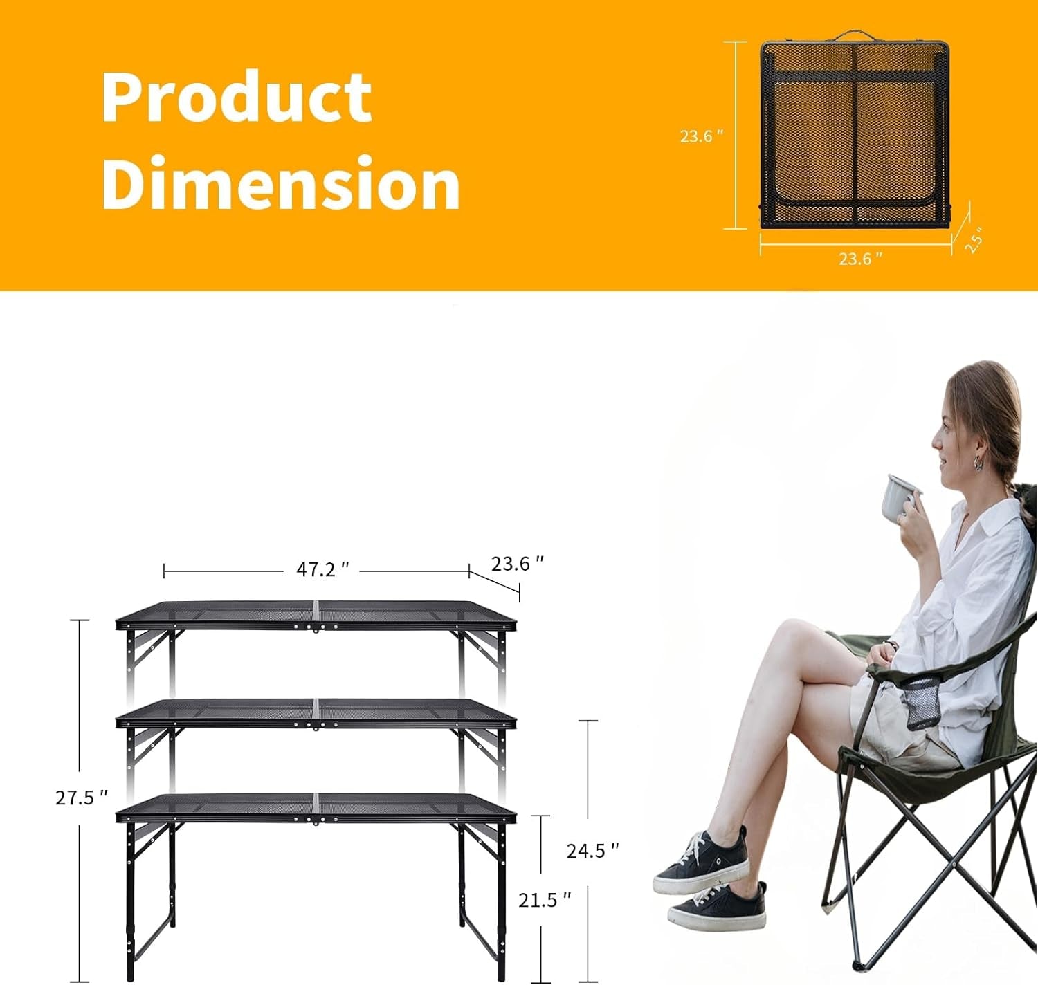 Moosinily Picnic Table 4Ft Grill Table Mesh Top Light Weight Portable Table with Carry Handle Adjustable Height Folding Camping Table for Outdoor Indoor Grill BBQ Travel Barbucue Beach RV Black - Image 3