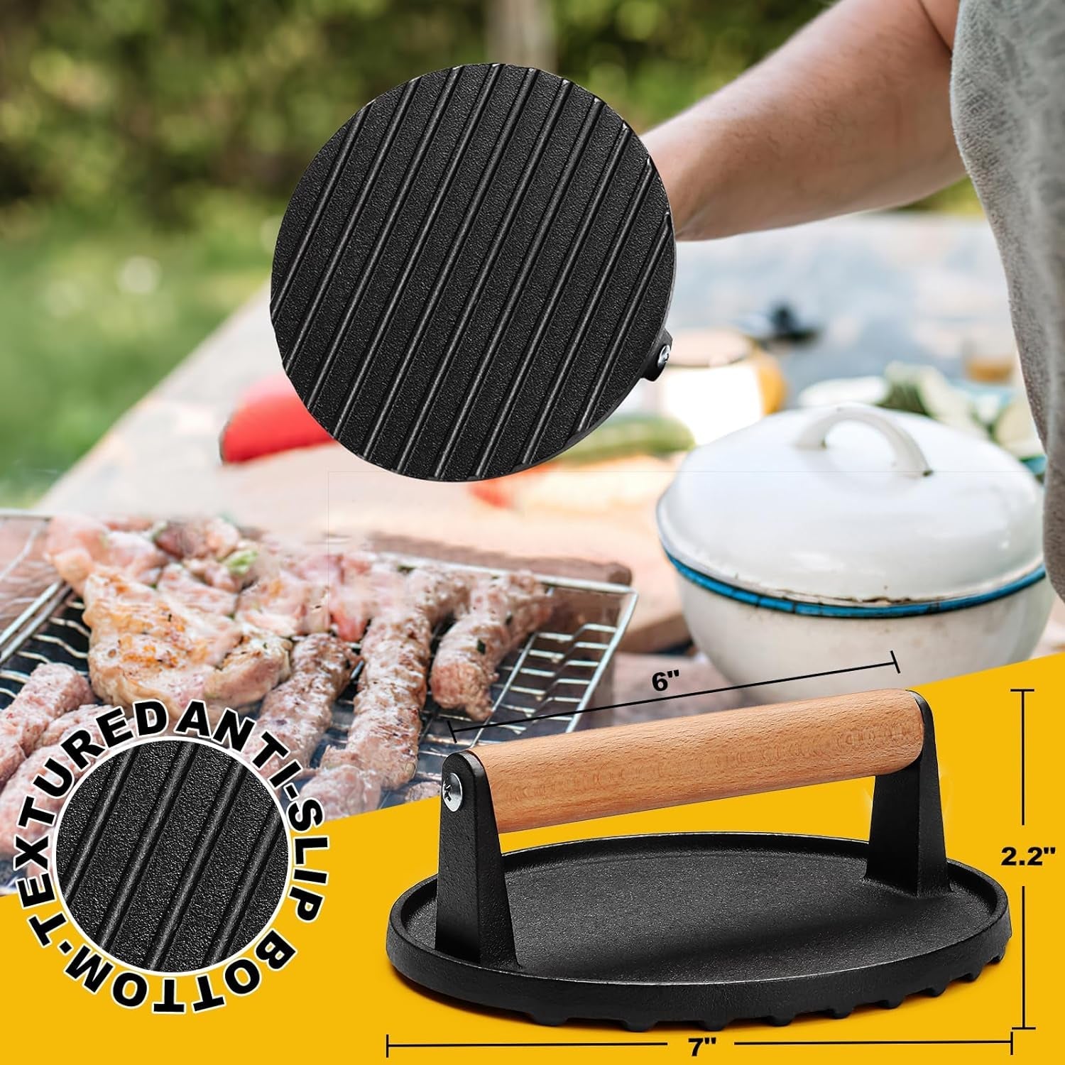 AIVIKI Burger Press. Smash Burger Press for Blackstone Griddle. Heavy Duty Cast Iron round 6.9In Bacon Grill Press with Wood Handle. Meat Steak Weight for Sandwich. Paninis (Round) - Image 3
