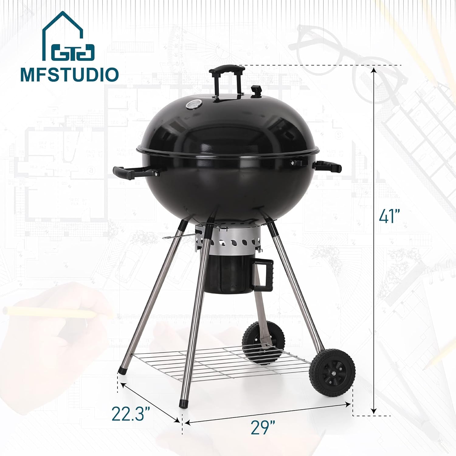 MFSTUDIO 22 Master Kettle Charcoal Grill. Premium Outdoor Barbecue Grill with Thermometers. Porcelain-Enameled Lid & Ash Catcher. Black - Image 6