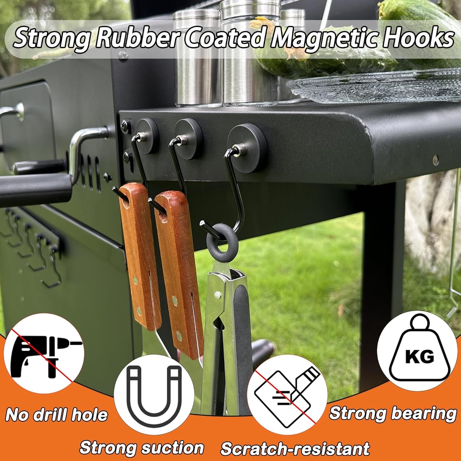 SKNOOY 4 Pack Heavy Duty Magnetic Grill Hooks. Magnet Hooks for Grill Utensils. Rust Proof Outdoor Magnetic Tools Hangers. Powerful Magnetic Hooks for BBQ Tools Refrigerator Locker Kitchen Office - Image 6