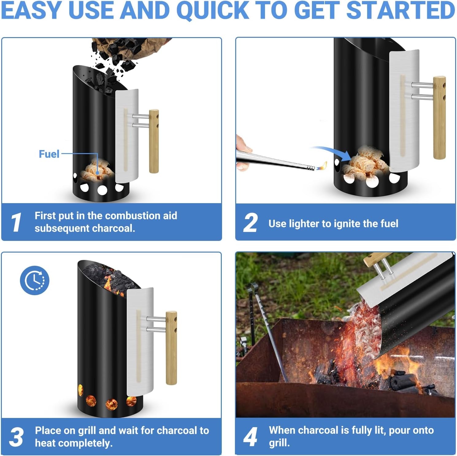 Charcoal Chimney Starter Double Enameled Chimney Starter Charcoal Chimney with Heat Shield & Wood Handle Great Heat Insulation Coal Starter for Grill Easy Grip Charcoal Starter. Black - Image 5