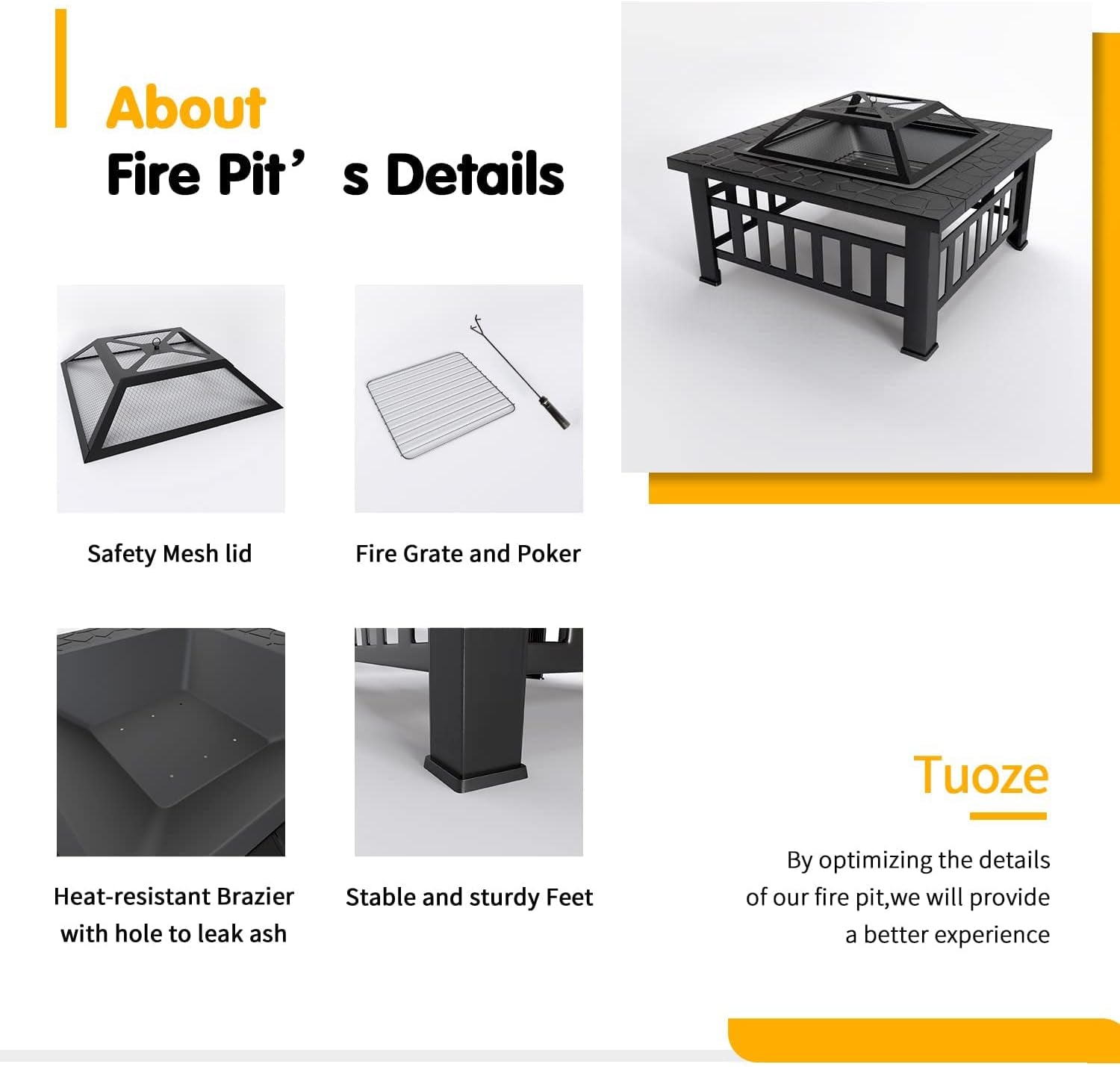 Tuoze 32-Inch Fire Pits Outdoor Patio Metal Multifunctional Firepit Table with Waterproof Cover for Camping Bonfire Party Picnic BBQ Backyard Garden outside Heating.Black - Image 3