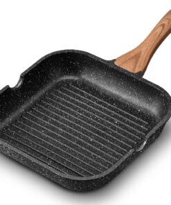 Nonstick Grill Pan for Stove Tops. 9.5 Inch Granite Coating Square Grill Skillet with Pour Spouts. Compatible with All Stovetops (Gas. Electric & Induction). PFOA Free