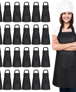 24 Pack Adjustable Bib Apron with 2 Pockets Cooking Kitchen Aprons Black Chef Apron Water Oil Stain Resistant BBQ Work Apron for Women Men Drawing Crafting Outdoors Smock