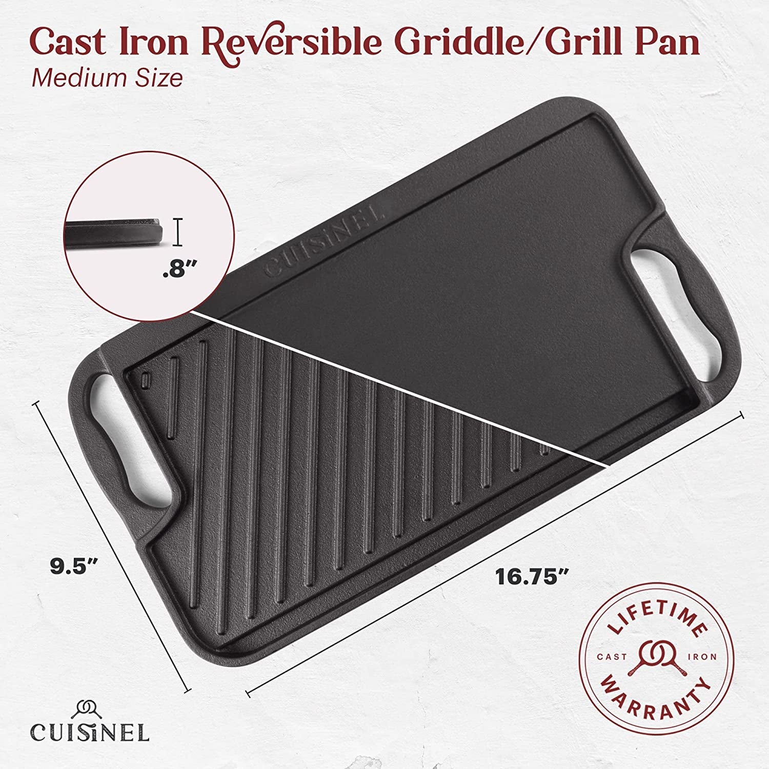 Cast Iron Griddle/Grill + Burger Press + Pan Scrapers - Reversible Pre-Seasoned 16.75 X 9.5-Inch Dual Handle Flat Skillet and Griller Pan + Cleaning Accessories - Indoor/Outdoor Stove Safe - Image 3
