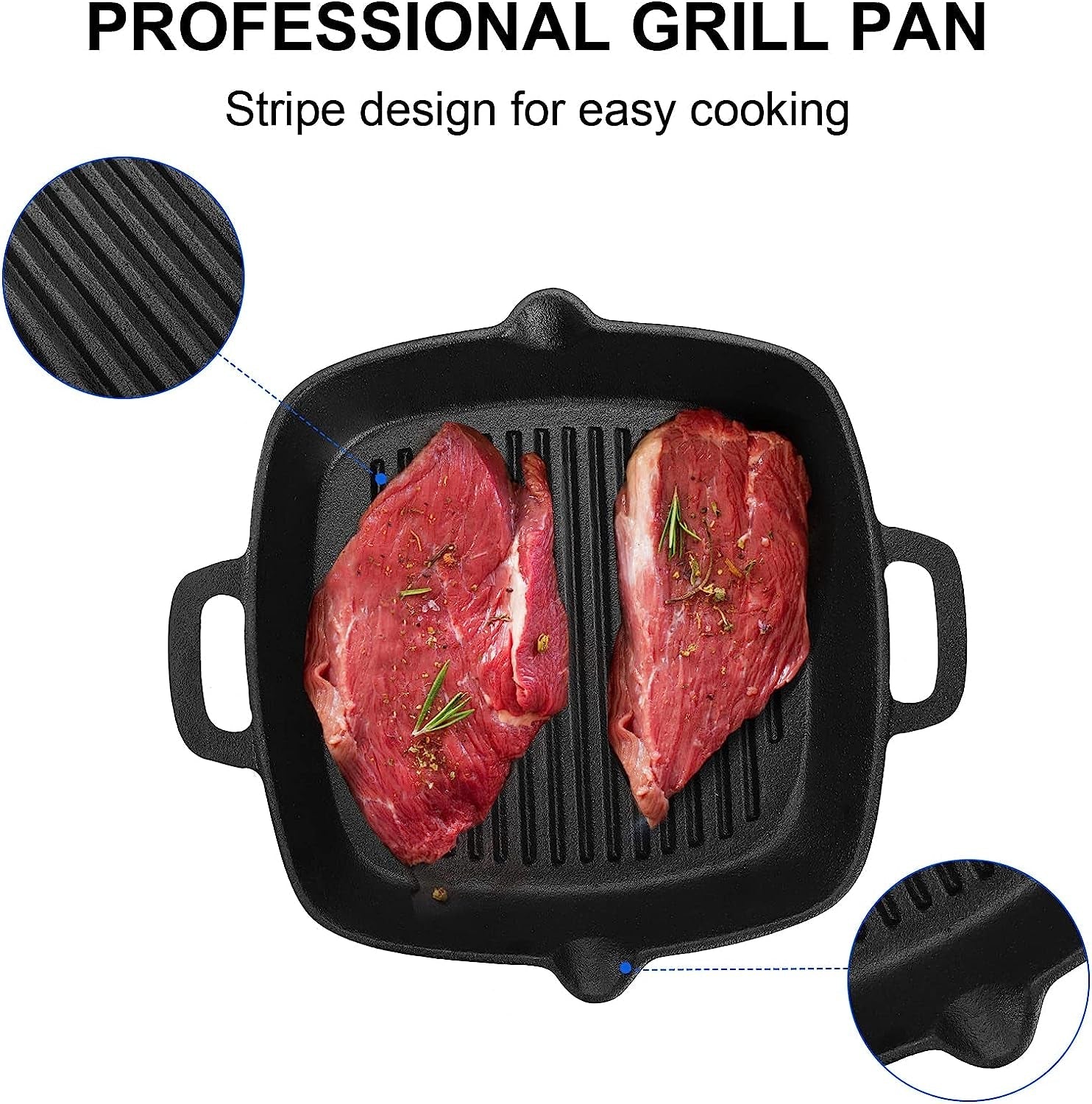 Cast Iron Grill Pan. 10 Square Skillet with Easy Grease Drain Spout and Two Heat Insulated Silicone Handle Cover. Pre Seasoned Grill Pan for Grilling Bacon. Steak. Meats. Camping - Image 4