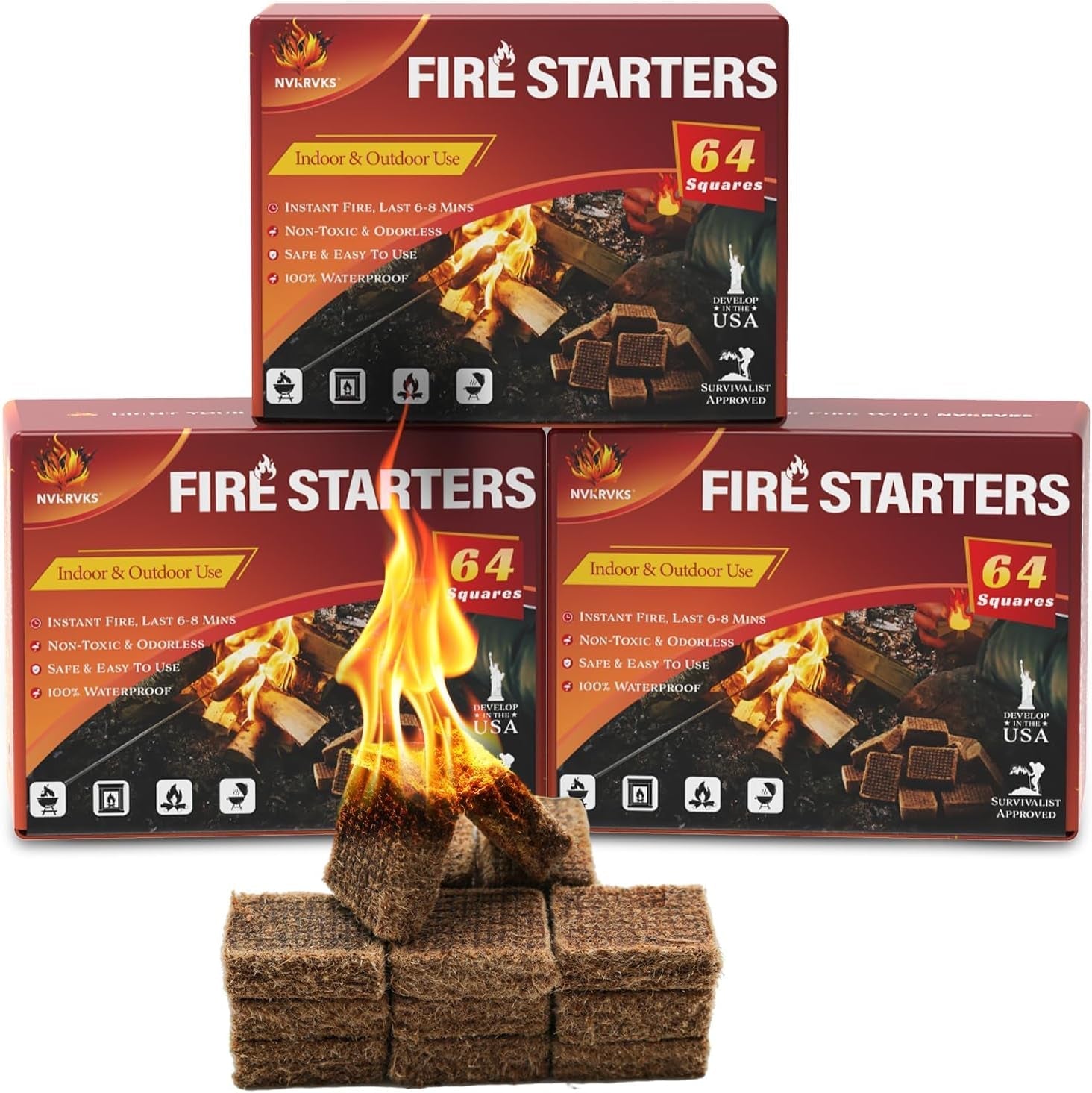 Nvkrvks Fire Starter Squares 192. Natural & Odourless Firestarters Cubes for Campfire. Fireplace. Chimney and Barbecue. Water Resistant. Easy to Ignite. Safe Camping Accessories