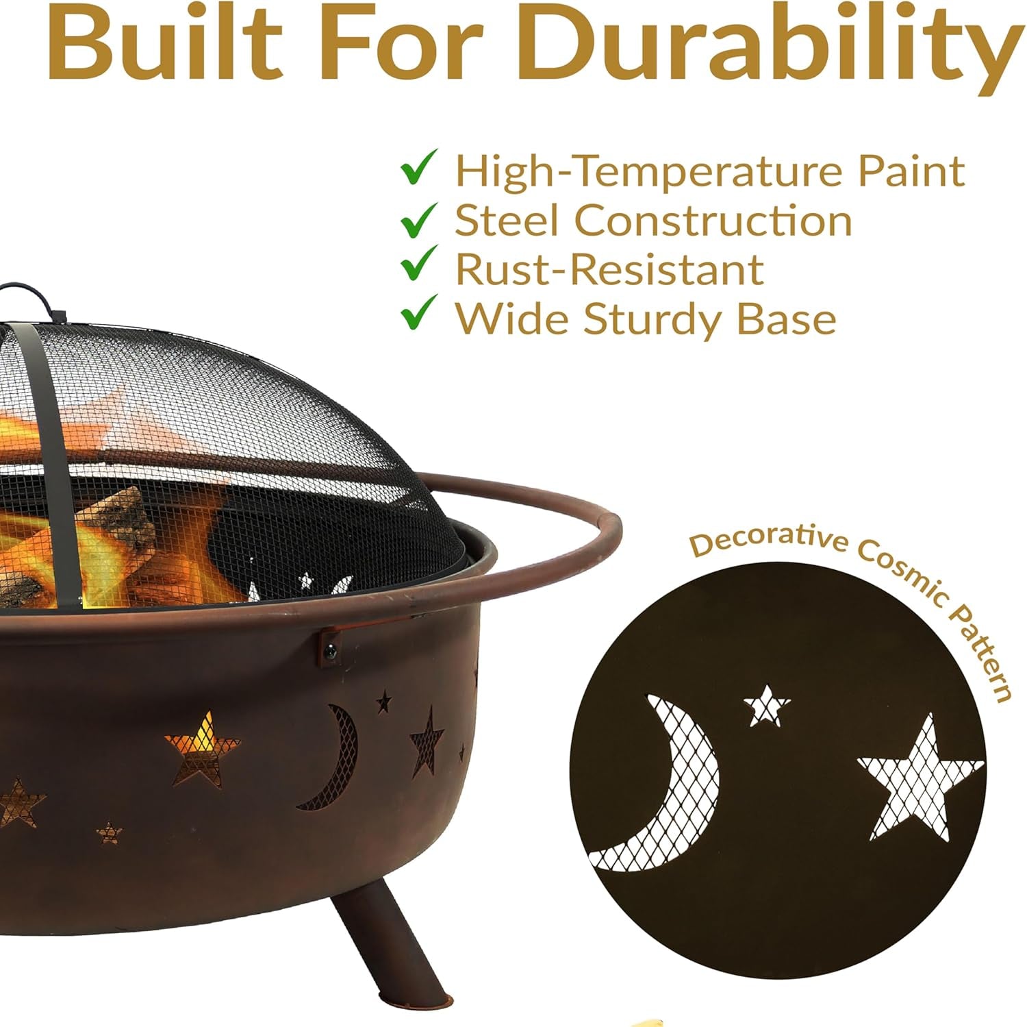 Sunnydaze Cosmic 42-Inch Large Outdoor Fire Pit - Wood-Burning Fire Pit with round Spark Screen. Poker. and Built-In Grate - Image 4