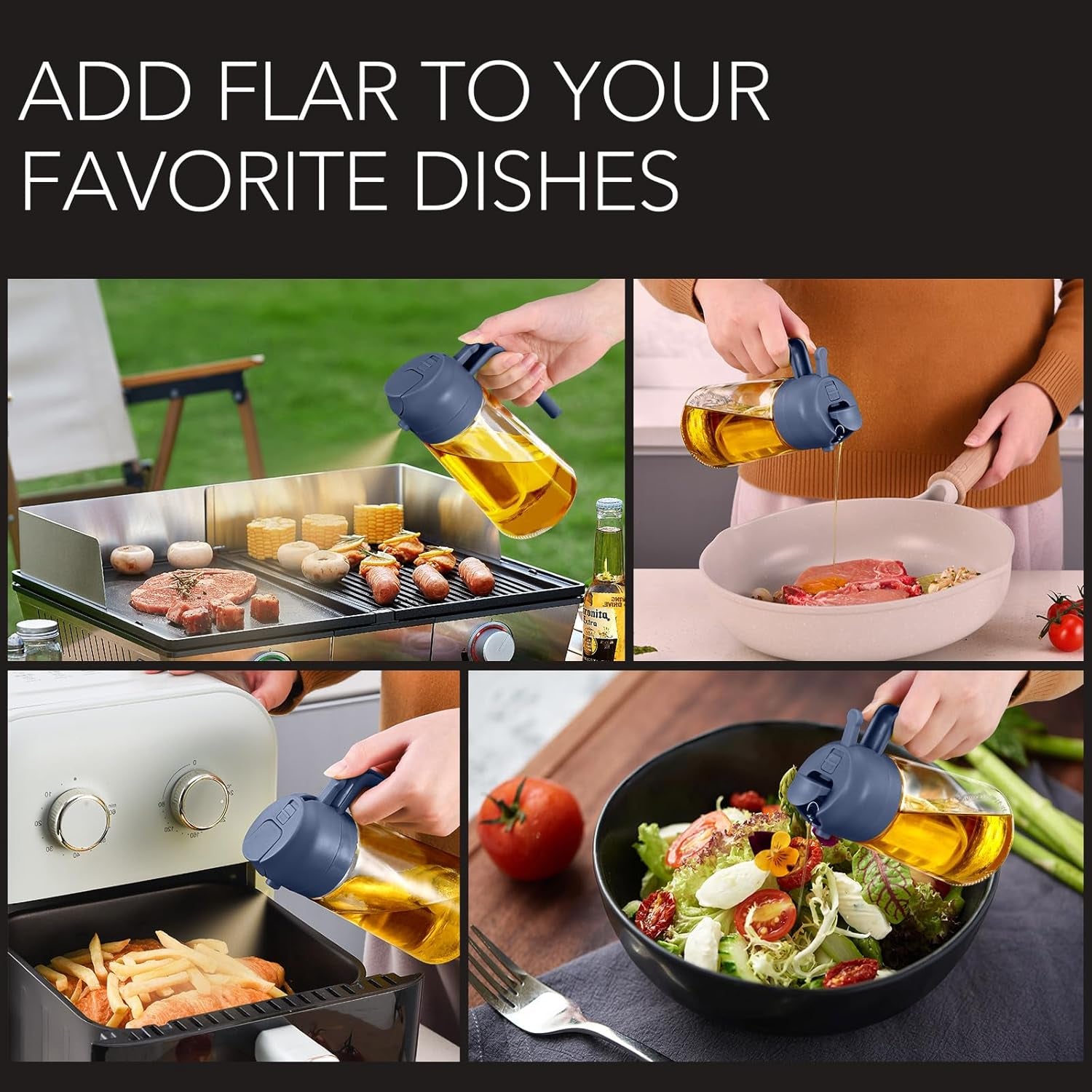 YRRAMATE 16oz Glass Olive Oil Sprayer – 2‑in‑1 Dispenser with Stickers & Portion Control (Navy) - Image 9