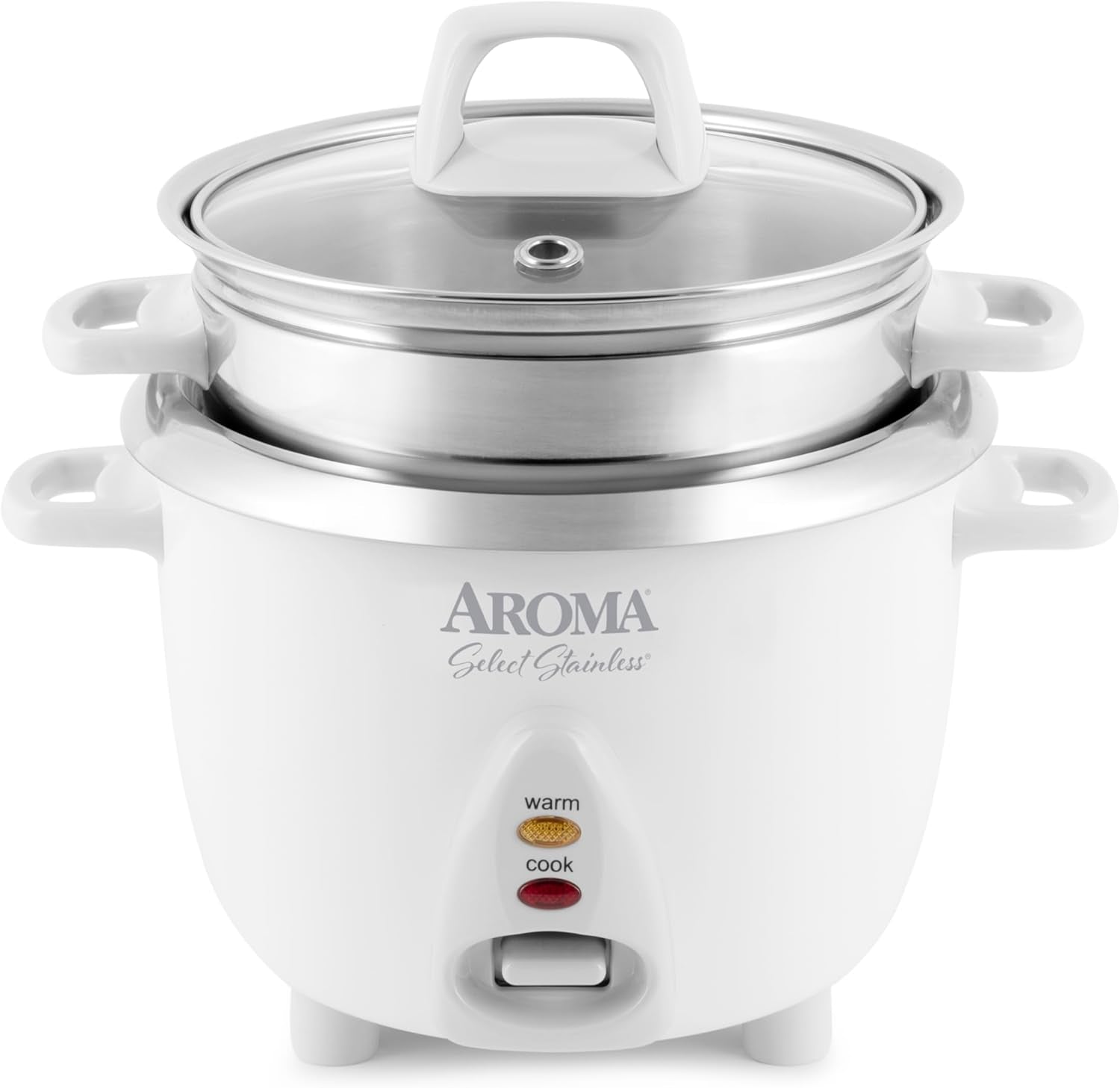 Aroma Housewares 6-Cup (Cooked Yield ) / 1.2Qt. Select Stainless Pot-Style Rice Cooker. & Food Steamer. One-Touch Operation. White