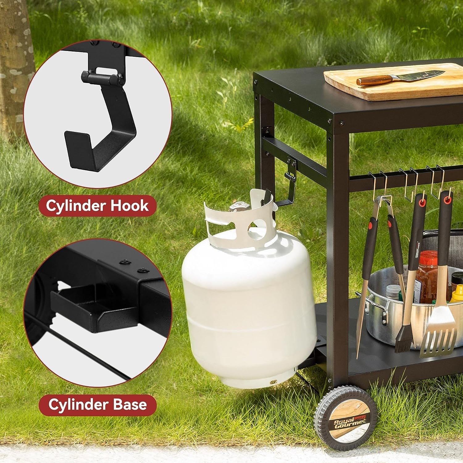 Dining Cart Table with Double-Shelf. Movable Steel Flattop Worktable. Hooks. Side Handle. Multifunctional and Commercial PC3401B (Black) - Image 4