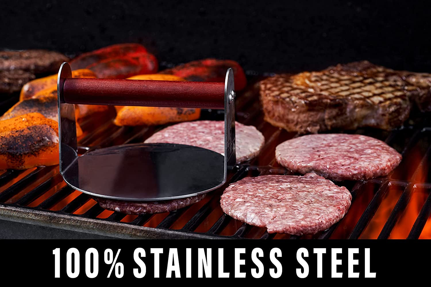 Bellemain Burger Smasher for Griddle | Stainless Steel 6 round Smash Burger Press | Hamburger Press for Grill. Cooking. Meat Press with Wooden Handle. Grill Accessories Kit - Image 3