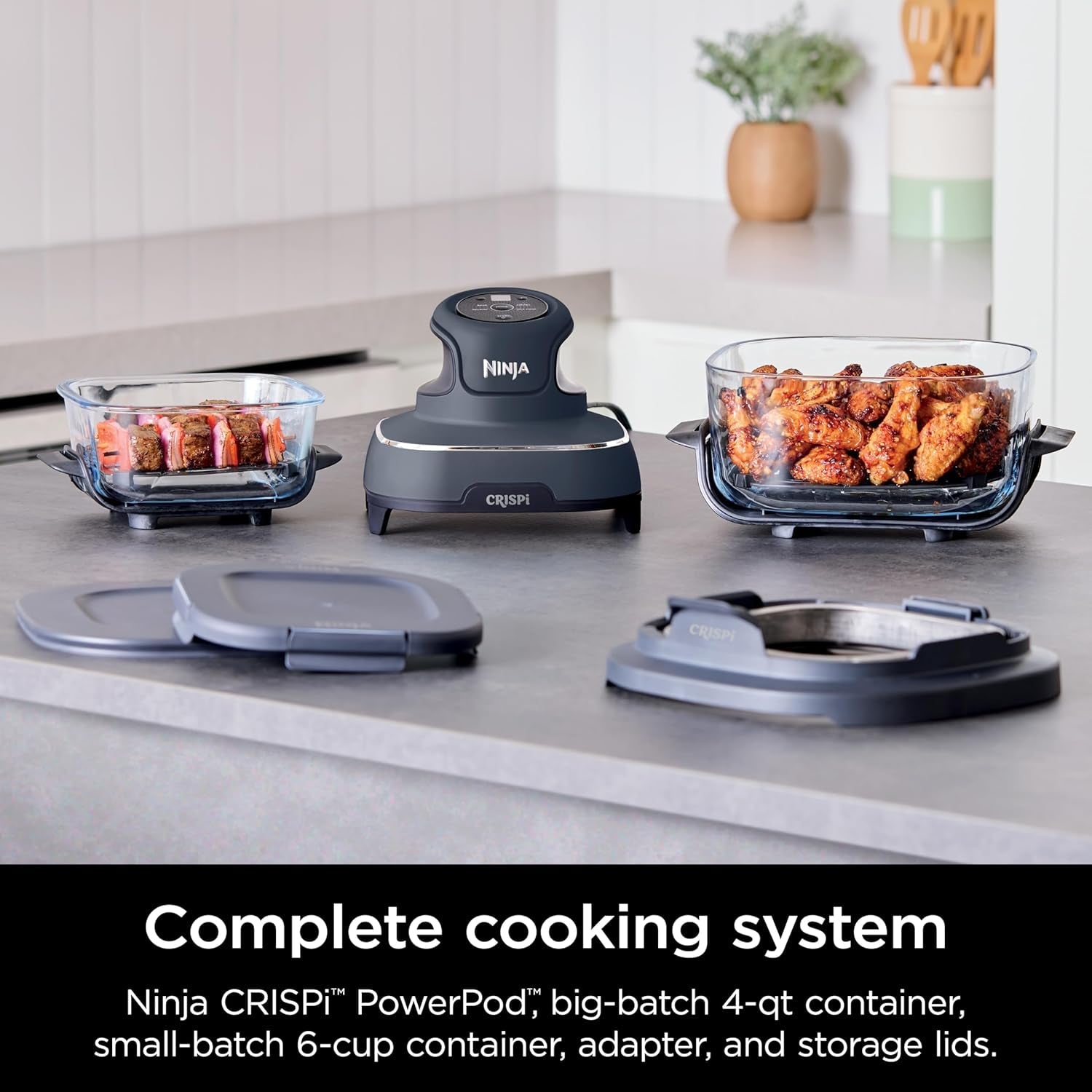Ninja Crispi 4-In-1 Portable Glass Air Fryer Cooking System. 1500W. 4QT & 6-Cup Tempware Glass Containers with Storage Lids. Microwave. Freezer & Dishwasher Safe. Cyberspace Gray. FN101GY - Image 2